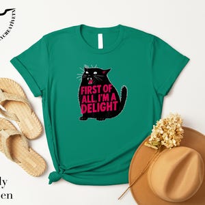 a green t-shirt with a cat graphic and the text "FIRST OF ALL I'M A DELIGHT" printed on it, along with a pair of beige flip-flops and a tan hat.