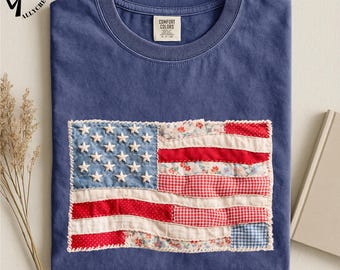 American Flag T-Shirt, Patriotic Comfort Colors Tee, Vintage Patchwork USA Shirt, 4th of July Top, Quilted Americana T-Shirt
