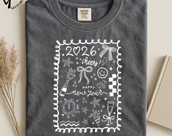 2026 Happy New Year Doodle T-Shirt, Cute New Year Sketch Design, Champagne Party Tee, Celebration Stars Sparkles Festive Graphic Shirt Gift