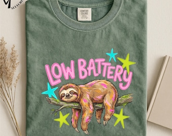 Low Battery Sloth T-Shirt, Funny Lazy Animal Tee, Cute Tired Mood Shirt, Introvert Gift Top, Comfort Colors T-Shirt