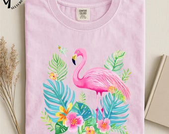 Tropical Flamingo T-Shirt, Pink Bird Floral Tee, Summer Vacation Shirt, Beach Lover Top, Comfort Colors Graphic T-Shirt