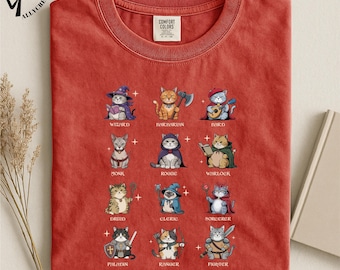 DnD Cat Classes Fantasy Shirt, Cute Wizard Barbarian Bard RPG Tee, Tabletop Gamer Nerd Graphic Top
