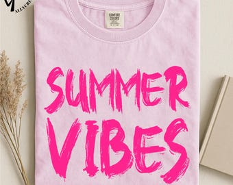 Summer Vibes T-Shirt, Beach Vacation Tee, Cute Women Shirt, Pink Graphic Top, Comfort Colors T-Shirt