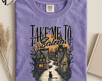 Take Me To Salem T-Shirt, Spooky Village Tee, Black Cat Halloween Shirt, Witchy Town Top, Vintage Fall Graphic T-Shirt