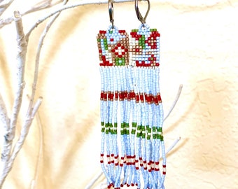 Seed Bead Earrings White Multi color Fringe Long