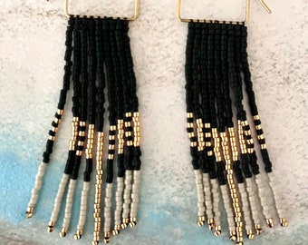 Seed Bead Earrings Black Gold White Gold Wire Long Fringe