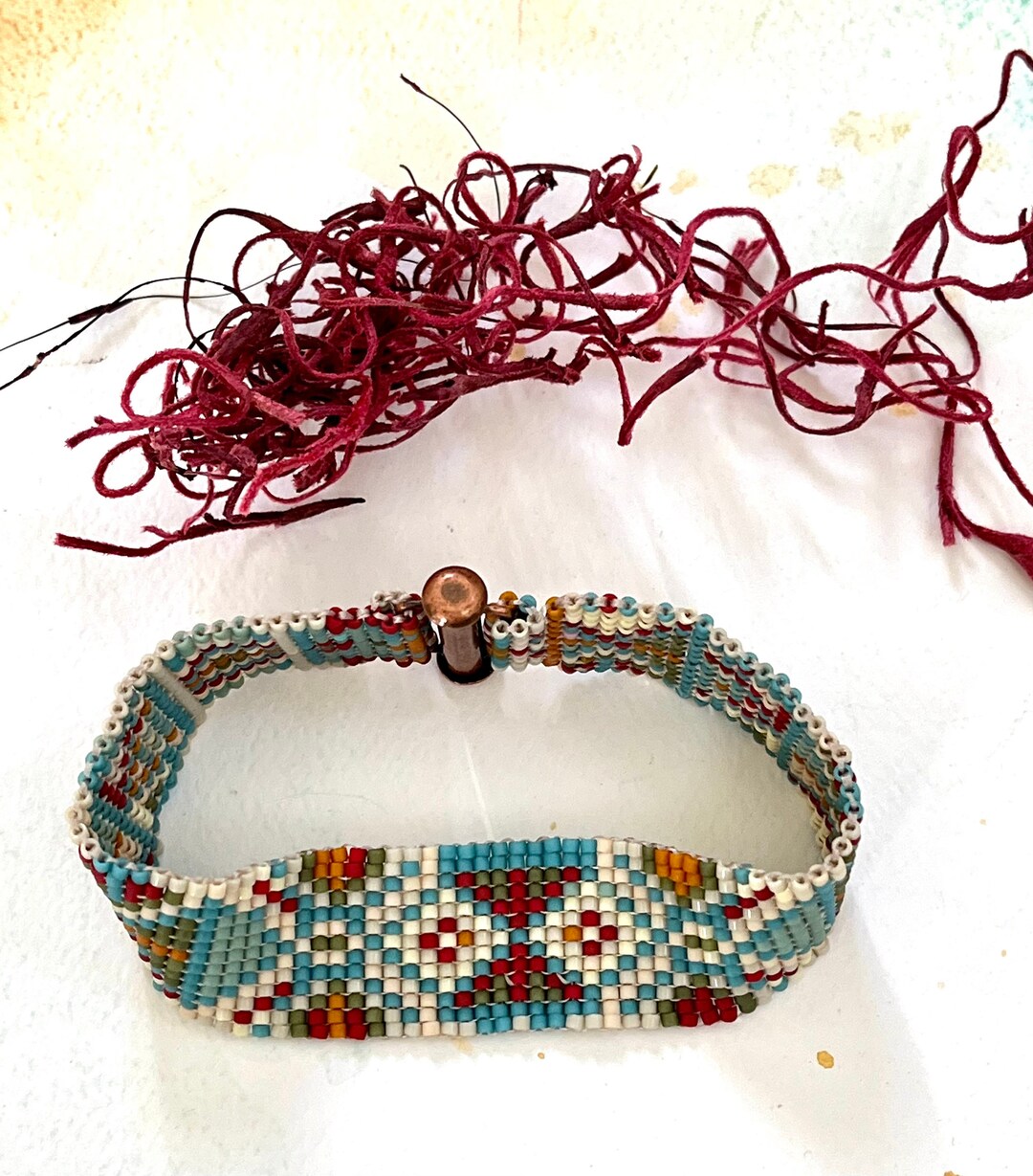 Hand Woven Seed Bead Bracelet Cuff Blue Red Ivory Green Etsy