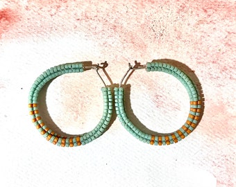 Hoop Earrings Bead Handwoven Turquoise Brown