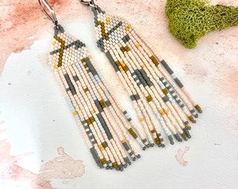 Seed Bead Earrings Fringe Geometric Pastels Long