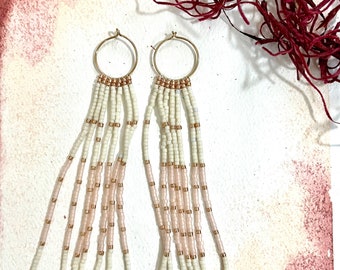 Extra Long Seed Bead Earrings Gold Pink White Pink Opal Pebble Stones