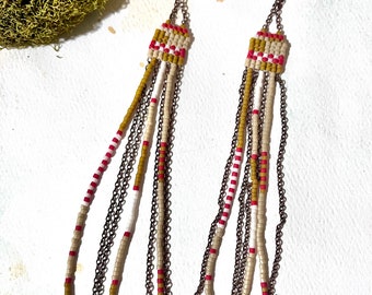 Extra Long Seed Bead Earrings Copper Chain Fringe Red, White, Beige