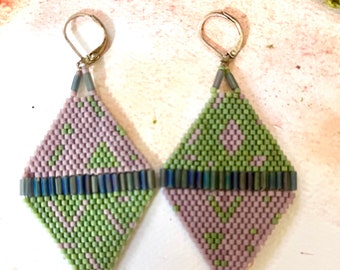 Geometric Seed Bead Earrings Lavender Green Brick Stitch Sterling Silver