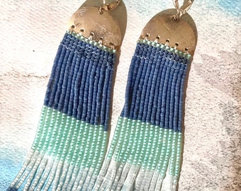 Long Fringe Seed Bead Earrings Sterling Silver Blue Dangling