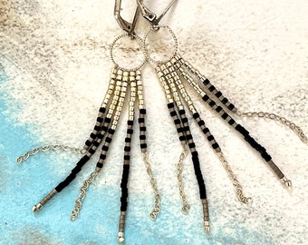 Handmade Seed Bead Earrings Beaded and Chain Fringe Black Silver