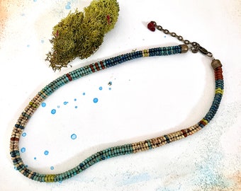 Handwoven bead necklace turquoise lapis red