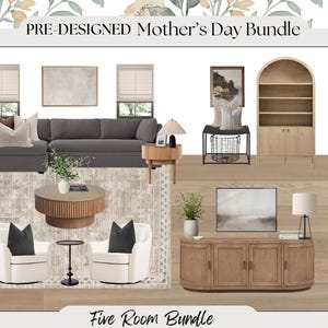 Paquete prediseñado de 5 habitaciones / PAQUETE PARA EL DÍA DE LA MADRE / Tablero de inspiración y listas de compras / Sala de estar, comedor, sala de juegos y patio prediseñados