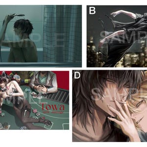 以下が含まれることがあります： A、B、C、Dとラベル付けされた4つのアニメスタイルのイラストコレクション。画像Aは浴槽にいる人物、画像Bは都市のスカイラインを背景に浮かぶ人物、画像Cはポーカーテーブルでバニースーツを着た人物、画像Dは寄り添う2人の人物を描いており、各画像にはSAMPLEという文字が重ねられています。