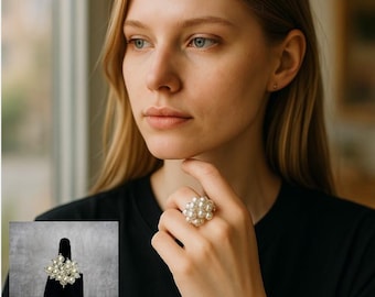 Può includere: Un anello a grappolo con numerose perle finte. Le perle bianche crema sono disposte a cupola. L'anello è indossato su un dito, offrendo uno stile audace ed elegante.