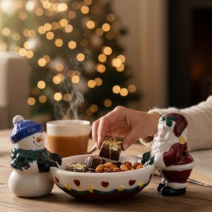 KERSTSERVEGES -- Chip n' Dip Bowl, Cheese Ball of Snack Bowl, met Santa & Frosty Holding Center Bowl, vintage