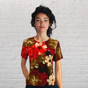 YVES St. CLAIR -- Top, manga corta, estampado floral, color óxido/verde, jersey, vintage