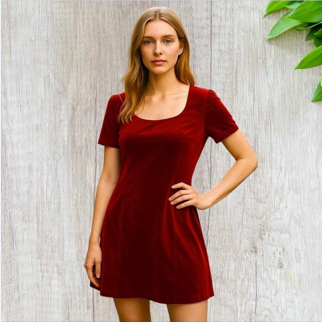short sleeve red velvet dress Ruby Velvet Short Sleeves Corset Slit A-line Bridesmaid Dress