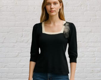 Vintage Black Sweater – Fuzzy Trim, Square Neck, 3/4 Sleeve