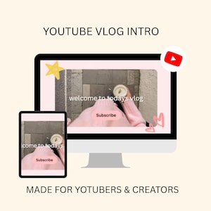 Op de afbeelding: Een digitaal sjabloon voor een YouTube-vlogintro, weergegeven op een computermonitor en een tablet. Het scherm toont een roze omrand videokader met de tekst "welcome to todays vlog" en een "Subscribe"-knop, versierd met een gele ster en roze hartjes.