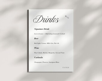 Modern Drinks Menu Template Wedding Bar Menu Editable Drinks Sign for Weddings Bar Menu Sign Customisable Wedding Drinks Sign Editable