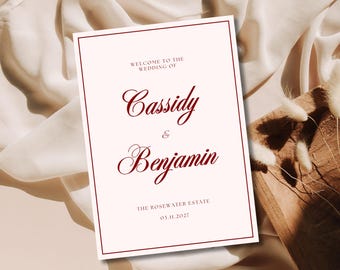 Elegant Wedding Welcome Sign Template, Pink & Red Canva Editable Sign, Modern Printable Reception Sign, Customisable Wedding Signage