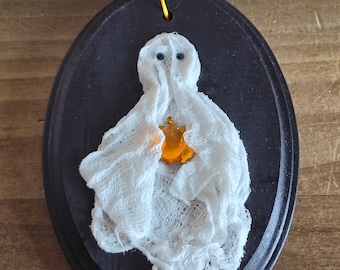 Placa de pared hecha a mano con diseño de fantasmita, decoración de Halloween para el hogar, calabaza, temporada espeluznante, otoño.