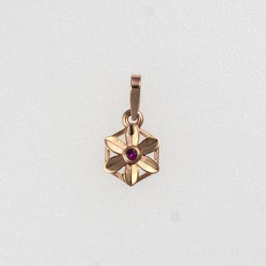 May include: A gold-colored pendant featuring a flower design with six petals and a small, round, red gemstone in the center. The pendant is suspended from a small loop at the top, suitable for a necklace.