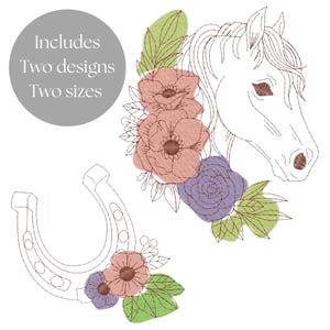 May include: Two embroidery designs featuring a horse head with flowers and a horseshoe with flowers. The designs are outlined in black and filled with pink, purple, and green.