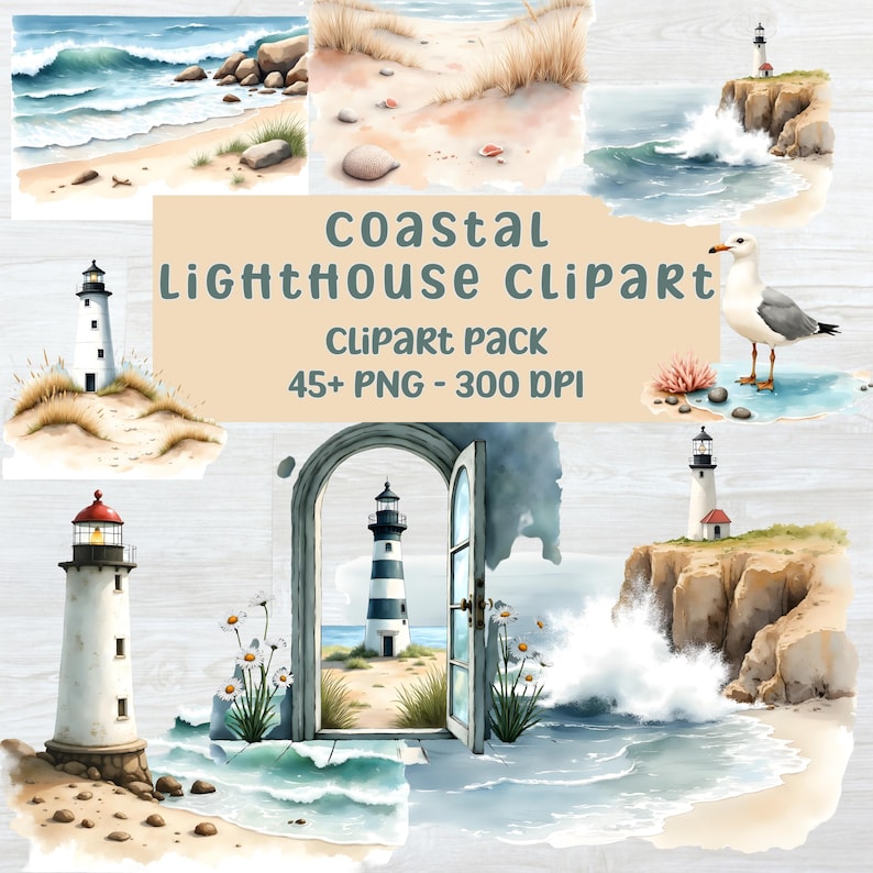 Coastal Lighthouse Clipart Bundle Watercolor Nautical PNG Elements ...