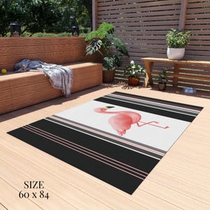 Décoration flamant rose noir, tapis d'été, espace de détente, tapis de jeu, maison de plage, design tropical, terrasse de la piscine, tapis d'extérieur, décoration de chambre d'enfant