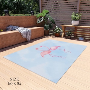 Flamant rose, décor bleu aquarelle, tapis d'été, terrasse, maison de plage, design tropical, terrasse de la piscine, tapis d'extérieur, tapis de jeu pour chambre d'enfant