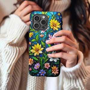 iPhone Floral Stained Glass Case Wildflower Abstract Phone Case Accessories Botanical Phone Cover Tough Case Protective Phone 16