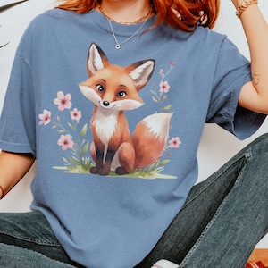 Idea de diseño de camiseta con diseño de flor de zorro, tienda de regalos, cabaña, núcleo, arte popular, naturaleza, tema, colección de primavera, lindo zorro, estilo de dibujos animados, ropa informal, cómoda