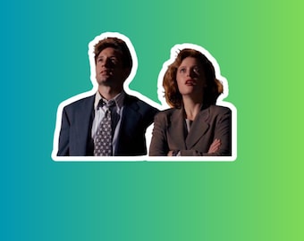 May include: A sticker featuring two people looking upwards. One person is wearing a dark blue suit with a patterned tie, and the other is wearing a brown suit. The background is a gradient of green and blue.