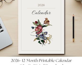 2026 Botanical Wall Calendar Printable | Vintage Floral Monthly Calendar | Instant Download