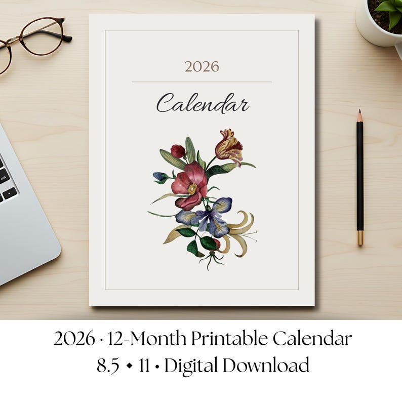 2026 Botanical Wall Calendar Printable | Vintage Floral Monthly ...