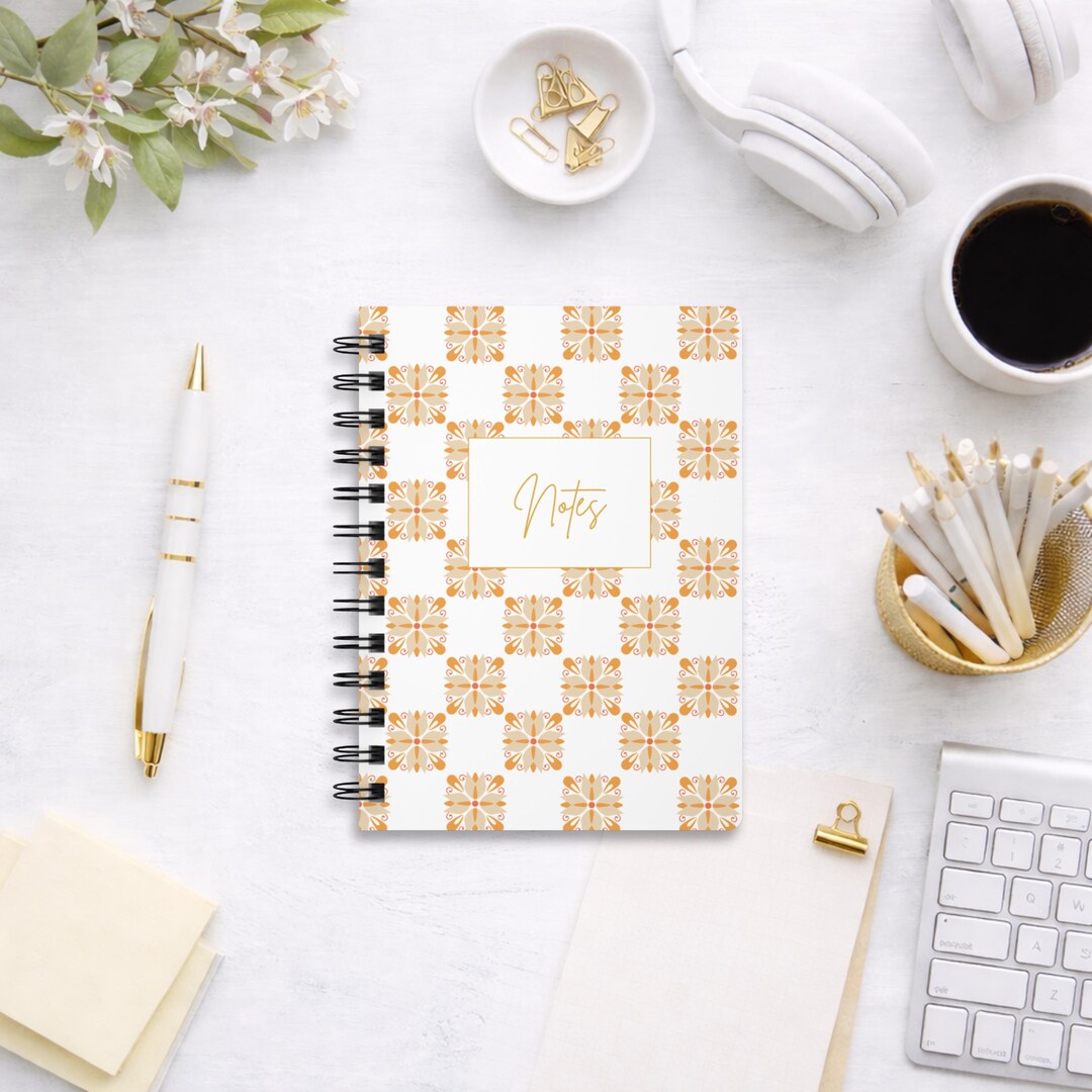 Floral Tile Spiral Notebook Retro Gold & Apricot Lined Journal for ...