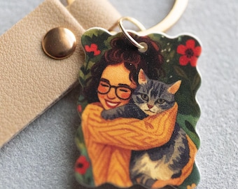 Custom Pet Portrait Keychain Cat Lover Gift for Pet Memorial Keepsake Animal Lover Christmas Present Idea Cat Charm Colorful Illustration