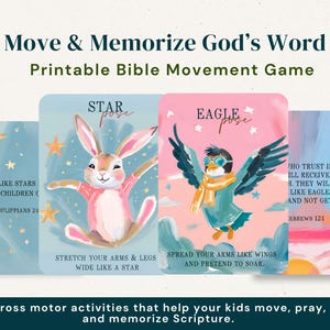 Juego de versículos bíblicos para niños en edad escolar dominical, tarjeta de movimiento de las Escrituras para oración, preescolar, motricidad gruesa, educación en casa, cristiano, imprimible