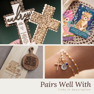 May include: A collage featuring two wooden crosses with floral engravings and text, two illustrated cards with bear and lion graphics, a wooden board and circular ornament with house engravings, and a gold chain bracelet with a cross and letter E charm.