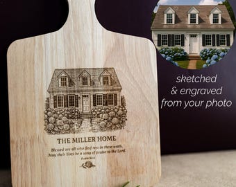Custom House Illustration Christian Gift Housewarming with Bible Verse Cutting Board New Home Present Christmas Religious Kitchen Accessory