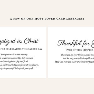 May include: Two white rectangular cards with black text. The top header reads A FEW OF OUR MOST LOVED CARD MESSAGES. The left card features Baptized in Christ and a thank you message. The right card features Thankful for You and a gratitude message.