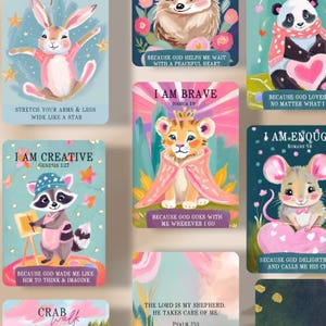 May include: A selection of vibrant cards with animal illustrations and uplifting messages. The cards display phrases such as "I am creative" and "The Lord is my shepherd." The illustrations include a lion, rabbit, and raccoon. Measurements are not applicable.