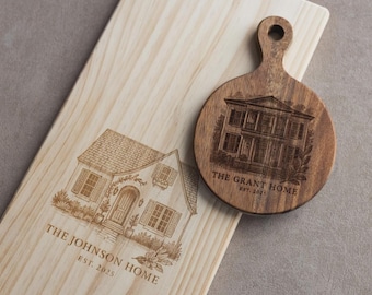 Custom House Cutting Board Engraved with Home Portrait Charcuterie Board Personalized Gift for Housewarming Present Kitchen Decor Monogram