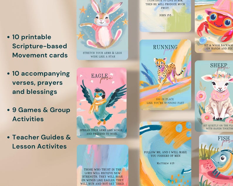 Christian Homeschool Sunday School Game Movement Cards Animal Learning Activities Teaching Tools Printable Download Educational Games Complete Set Scripture Based Movement Activities Gross Motor Development Young Children Learning Resource