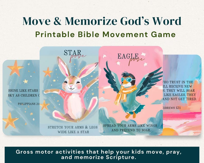 Christian Homeschool Sunday School Game Movement Cards Bible Teaching Tool Printable Learning Activity Gross Motor Development Animal Illustrations Scripture Learning Games Educational Materials Digital Download Complete Set